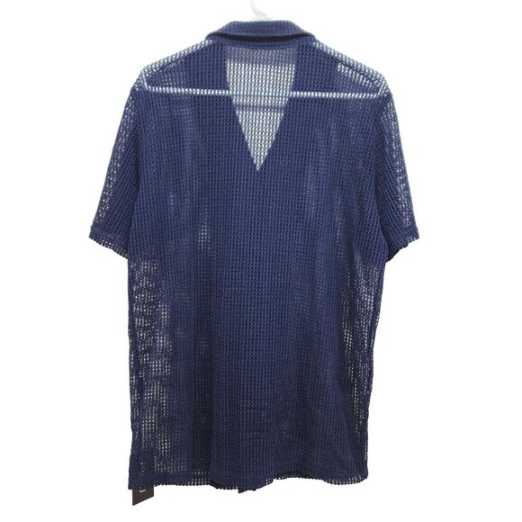 Mens Navy Blue Mesh Button-Up Shirt By URRU Size L Short Sleeve Lightweight - Picture 2 of 10